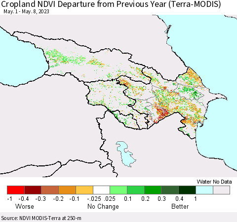 Azerbaijan, Armenia and Georgia Cropland NDVI Departure from Previous Year (Terra-MODIS) Thematic Map For 5/1/2023 - 5/8/2023