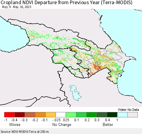 Azerbaijan, Armenia and Georgia Cropland NDVI Departure from Previous Year (Terra-MODIS) Thematic Map For 5/9/2023 - 5/16/2023