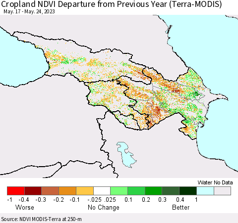 Azerbaijan, Armenia and Georgia Cropland NDVI Departure from Previous Year (Terra-MODIS) Thematic Map For 5/17/2023 - 5/24/2023