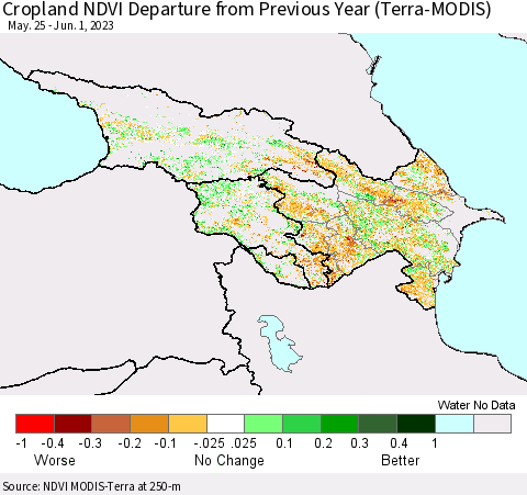 Azerbaijan, Armenia and Georgia Cropland NDVI Departure from Previous Year (Terra-MODIS) Thematic Map For 5/25/2023 - 6/1/2023