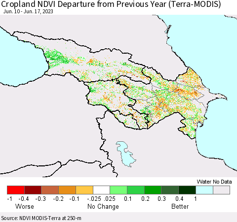 Azerbaijan, Armenia and Georgia Cropland NDVI Departure from Previous Year (Terra-MODIS) Thematic Map For 6/10/2023 - 6/17/2023