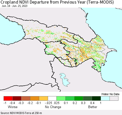 Azerbaijan, Armenia and Georgia Cropland NDVI Departure from Previous Year (Terra-MODIS) Thematic Map For 6/18/2023 - 6/25/2023