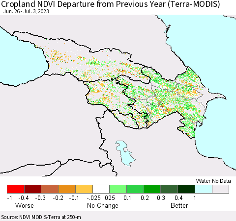 Azerbaijan, Armenia and Georgia Cropland NDVI Departure from Previous Year (Terra-MODIS) Thematic Map For 6/26/2023 - 7/3/2023