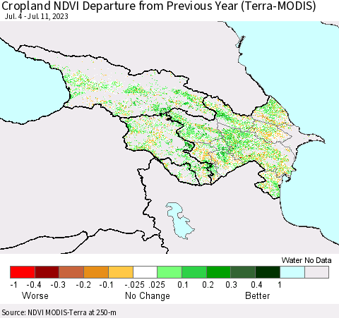 Azerbaijan, Armenia and Georgia Cropland NDVI Departure from Previous Year (Terra-MODIS) Thematic Map For 7/4/2023 - 7/11/2023