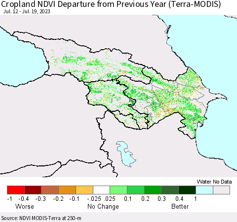 Azerbaijan, Armenia and Georgia Cropland NDVI Departure from Previous Year (Terra-MODIS) Thematic Map For 7/12/2023 - 7/19/2023