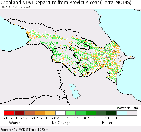 Azerbaijan, Armenia and Georgia Cropland NDVI Departure from Previous Year (Terra-MODIS) Thematic Map For 8/5/2023 - 8/12/2023