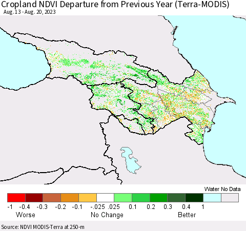 Azerbaijan, Armenia and Georgia Cropland NDVI Departure from Previous Year (Terra-MODIS) Thematic Map For 8/13/2023 - 8/20/2023