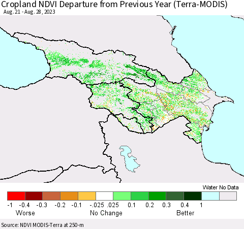 Azerbaijan, Armenia and Georgia Cropland NDVI Departure from Previous Year (Terra-MODIS) Thematic Map For 8/21/2023 - 8/28/2023