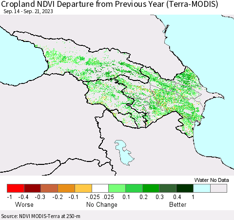 Azerbaijan, Armenia and Georgia Cropland NDVI Departure from Previous Year (Terra-MODIS) Thematic Map For 9/14/2023 - 9/21/2023