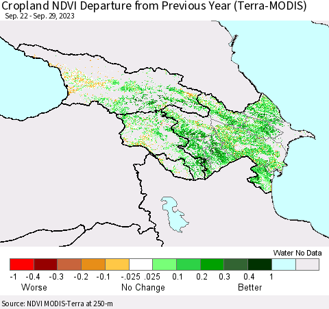 Azerbaijan, Armenia and Georgia Cropland NDVI Departure from Previous Year (Terra-MODIS) Thematic Map For 9/22/2023 - 9/29/2023