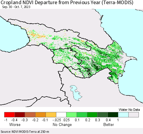 Azerbaijan, Armenia and Georgia Cropland NDVI Departure from Previous Year (Terra-MODIS) Thematic Map For 9/30/2023 - 10/7/2023