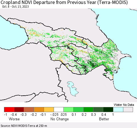 Azerbaijan, Armenia and Georgia Cropland NDVI Departure from Previous Year (Terra-MODIS) Thematic Map For 10/8/2023 - 10/15/2023