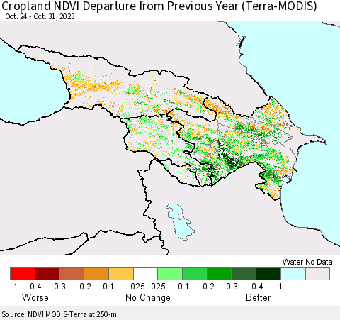 Azerbaijan, Armenia and Georgia Cropland NDVI Departure from Previous Year (Terra-MODIS) Thematic Map For 10/24/2023 - 10/31/2023