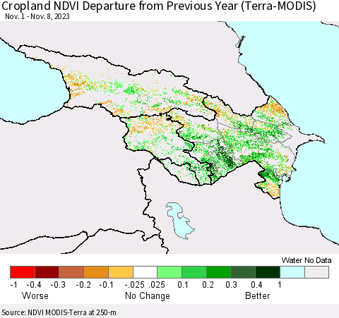 Azerbaijan, Armenia and Georgia Cropland NDVI Departure from Previous Year (Terra-MODIS) Thematic Map For 11/1/2023 - 11/8/2023