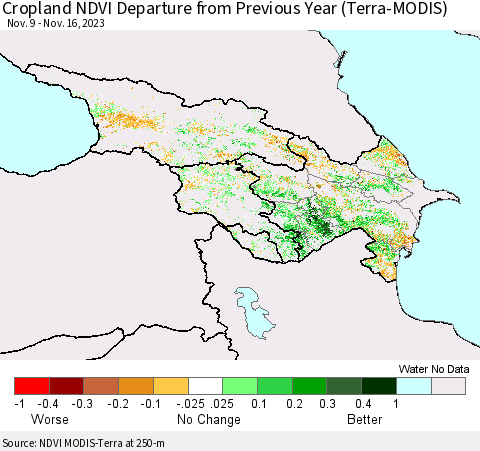 Azerbaijan, Armenia and Georgia Cropland NDVI Departure from Previous Year (Terra-MODIS) Thematic Map For 11/9/2023 - 11/16/2023