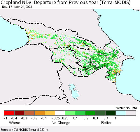 Azerbaijan, Armenia and Georgia Cropland NDVI Departure from Previous Year (Terra-MODIS) Thematic Map For 11/17/2023 - 11/24/2023