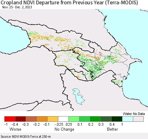 Azerbaijan, Armenia and Georgia Cropland NDVI Departure from Previous Year (Terra-MODIS) Thematic Map For 11/25/2023 - 12/2/2023