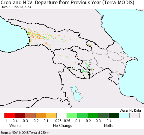 Azerbaijan, Armenia and Georgia Cropland NDVI Departure from Previous Year (Terra-MODIS) Thematic Map For 12/3/2023 - 12/10/2023