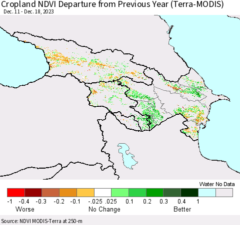 Azerbaijan, Armenia and Georgia Cropland NDVI Departure from Previous Year (Terra-MODIS) Thematic Map For 12/11/2023 - 12/18/2023