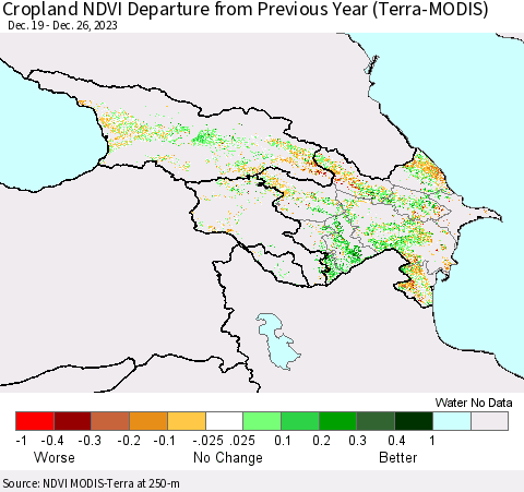 Azerbaijan, Armenia and Georgia Cropland NDVI Departure from Previous Year (Terra-MODIS) Thematic Map For 12/19/2023 - 12/26/2023