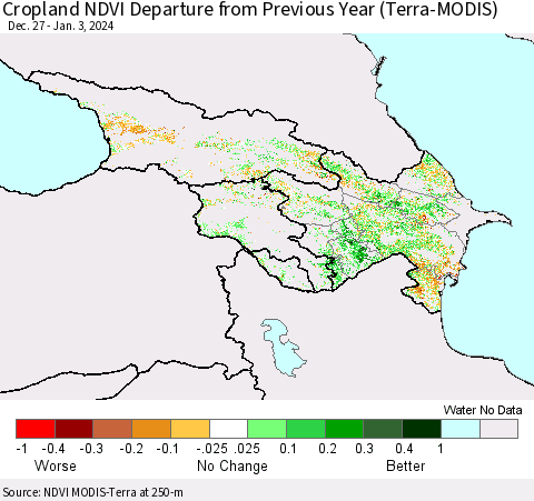 Azerbaijan, Armenia and Georgia Cropland NDVI Departure from Previous Year (Terra-MODIS) Thematic Map For 12/27/2023 - 1/3/2024
