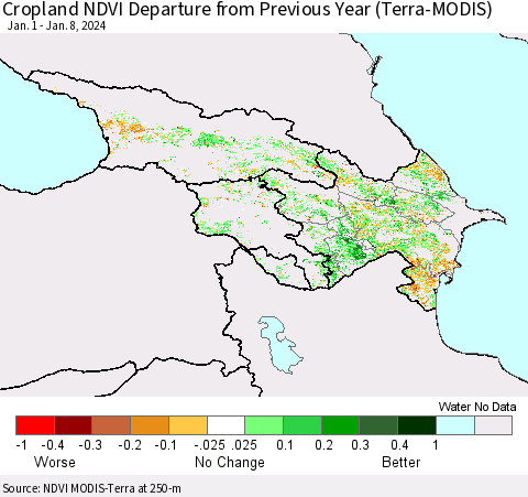 Azerbaijan, Armenia and Georgia Cropland NDVI Departure from Previous Year (Terra-MODIS) Thematic Map For 1/1/2024 - 1/8/2024