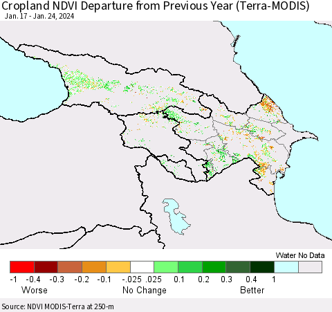 Azerbaijan, Armenia and Georgia Cropland NDVI Departure from Previous Year (Terra-MODIS) Thematic Map For 1/17/2024 - 1/24/2024