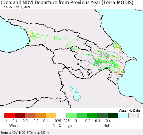 Azerbaijan, Armenia and Georgia Cropland NDVI Departure from Previous Year (Terra-MODIS) Thematic Map For 1/25/2024 - 2/1/2024