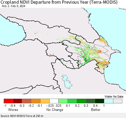 Azerbaijan, Armenia and Georgia Cropland NDVI Departure from Previous Year (Terra-MODIS) Thematic Map For 2/2/2024 - 2/9/2024