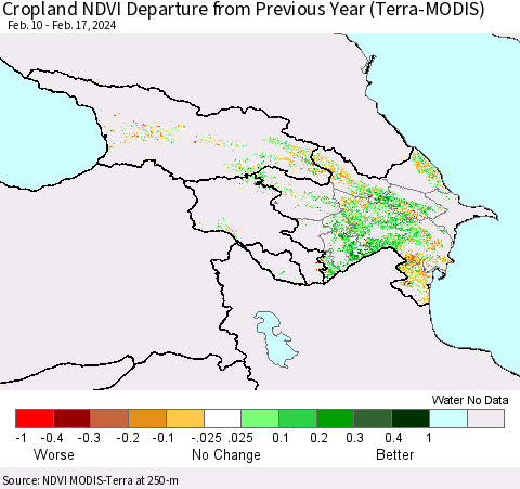 Azerbaijan, Armenia and Georgia Cropland NDVI Departure from Previous Year (Terra-MODIS) Thematic Map For 2/10/2024 - 2/17/2024