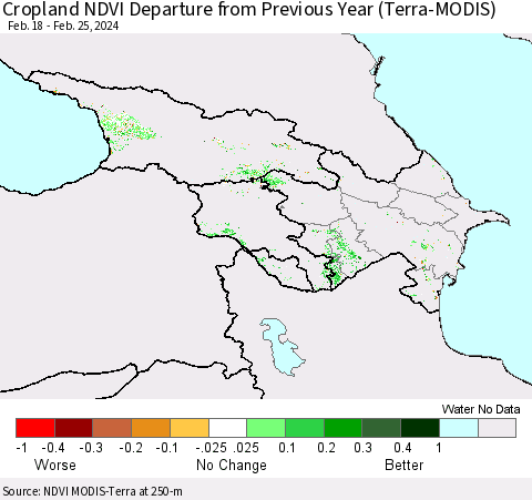 Azerbaijan, Armenia and Georgia Cropland NDVI Departure from Previous Year (Terra-MODIS) Thematic Map For 2/18/2024 - 2/25/2024