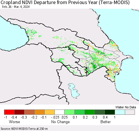 Azerbaijan, Armenia and Georgia Cropland NDVI Departure from Previous Year (Terra-MODIS) Thematic Map For 2/26/2024 - 3/4/2024