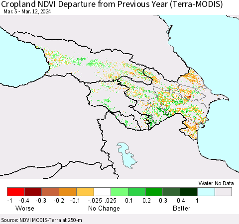 Azerbaijan, Armenia and Georgia Cropland NDVI Departure from Previous Year (Terra-MODIS) Thematic Map For 3/5/2024 - 3/12/2024