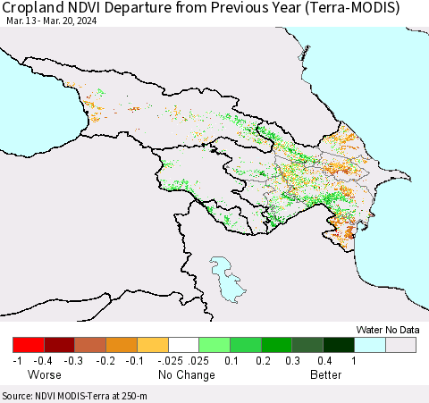 Azerbaijan, Armenia and Georgia Cropland NDVI Departure from Previous Year (Terra-MODIS) Thematic Map For 3/13/2024 - 3/20/2024