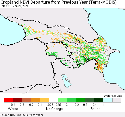 Azerbaijan, Armenia and Georgia Cropland NDVI Departure from Previous Year (Terra-MODIS) Thematic Map For 3/21/2024 - 3/28/2024