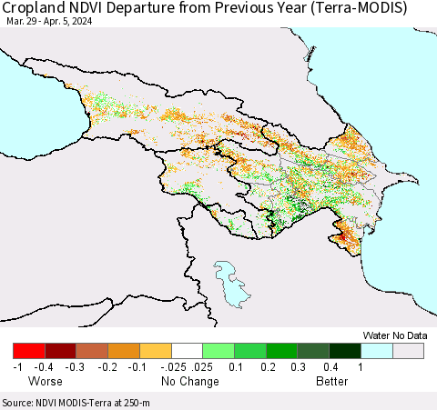 Azerbaijan, Armenia and Georgia Cropland NDVI Departure from Previous Year (Terra-MODIS) Thematic Map For 3/29/2024 - 4/5/2024