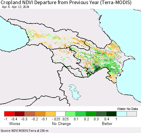 Azerbaijan, Armenia and Georgia Cropland NDVI Departure from Previous Year (Terra-MODIS) Thematic Map For 4/6/2024 - 4/13/2024