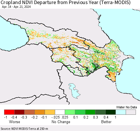 Azerbaijan, Armenia and Georgia Cropland NDVI Departure from Previous Year (Terra-MODIS) Thematic Map For 4/14/2024 - 4/21/2024