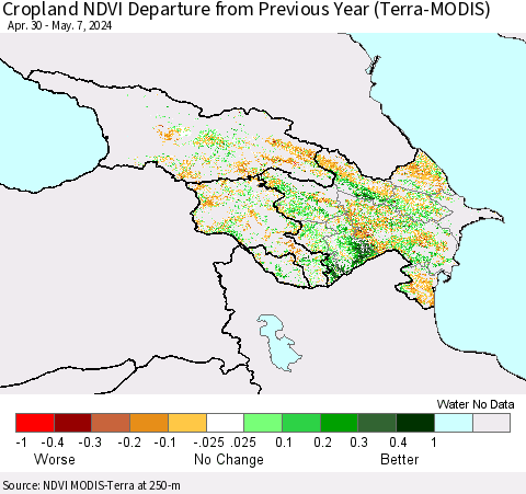 Azerbaijan, Armenia and Georgia Cropland NDVI Departure from Previous Year (Terra-MODIS) Thematic Map For 4/30/2024 - 5/7/2024