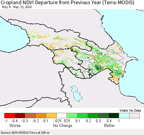 Azerbaijan, Armenia and Georgia Cropland NDVI Departure from Previous Year (Terra-MODIS) Thematic Map For 5/8/2024 - 5/15/2024