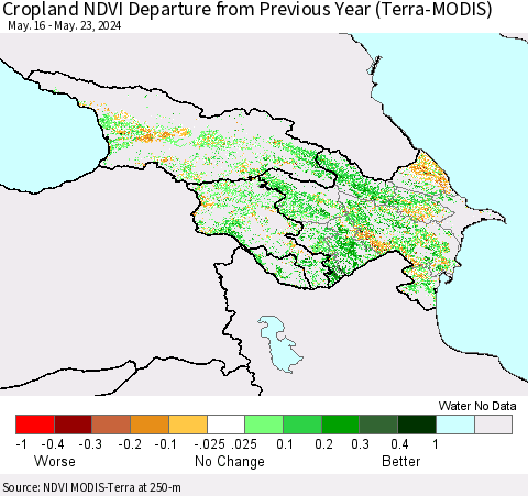 Azerbaijan, Armenia and Georgia Cropland NDVI Departure from Previous Year (Terra-MODIS) Thematic Map For 5/16/2024 - 5/23/2024