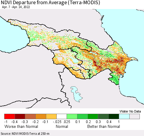 Azerbaijan, Armenia and Georgia NDVI Departure from Average (Terra-MODIS) Thematic Map For 4/7/2022 - 4/14/2022