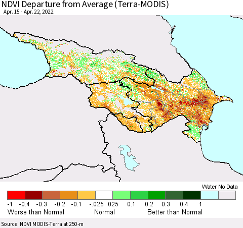 Azerbaijan, Armenia and Georgia NDVI Departure from Average (Terra-MODIS) Thematic Map For 4/15/2022 - 4/22/2022