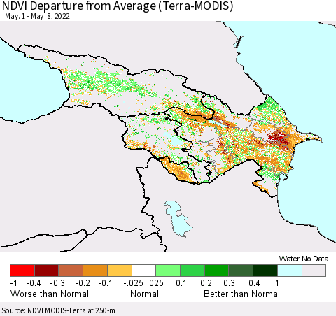 Azerbaijan, Armenia and Georgia NDVI Departure from Average (Terra-MODIS) Thematic Map For 5/1/2022 - 5/8/2022