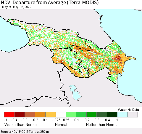 Azerbaijan, Armenia and Georgia NDVI Departure from Average (Terra-MODIS) Thematic Map For 5/9/2022 - 5/16/2022
