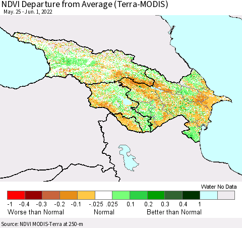 Azerbaijan, Armenia and Georgia NDVI Departure from Average (Terra-MODIS) Thematic Map For 5/25/2022 - 6/1/2022