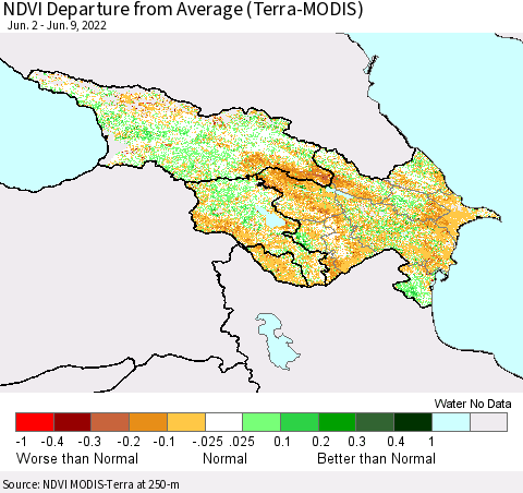 Azerbaijan, Armenia and Georgia NDVI Departure from Average (Terra-MODIS) Thematic Map For 6/2/2022 - 6/9/2022