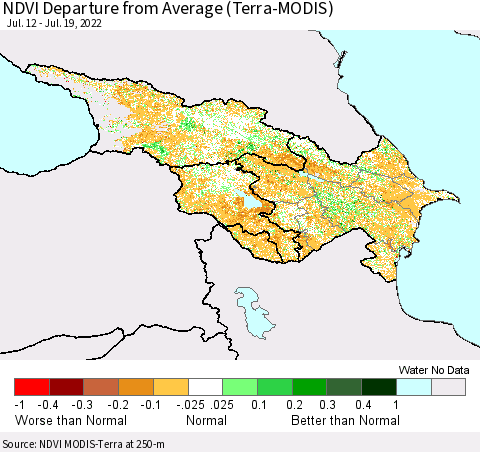 Azerbaijan, Armenia and Georgia NDVI Departure from Average (Terra-MODIS) Thematic Map For 7/12/2022 - 7/19/2022