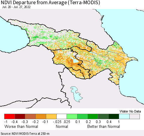 Azerbaijan, Armenia and Georgia NDVI Departure from Average (Terra-MODIS) Thematic Map For 7/20/2022 - 7/27/2022