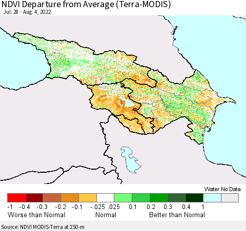Azerbaijan, Armenia and Georgia NDVI Departure from Average (Terra-MODIS) Thematic Map For 7/28/2022 - 8/4/2022